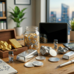 Edelmetalle auf einem Schreibtisch mit Goldbarren, Schmuck und Mineralien in einem modernen Büro.