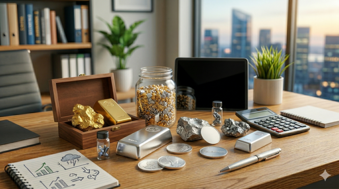 Edelmetalle auf einem Schreibtisch mit Goldbarren, Schmuck und Mineralien in einem modernen Büro.