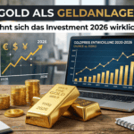 Hochwertiges Bild mit Goldbarren, Finanzcharts und Notizen zum Investment 2026.