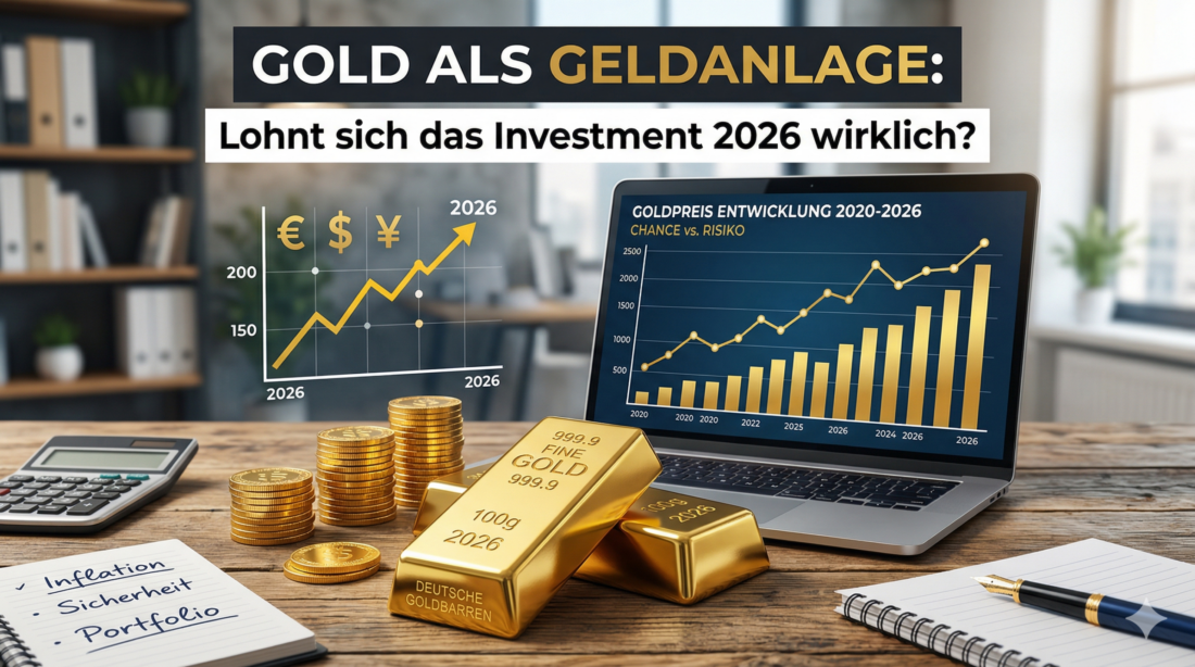Hochwertiges Bild mit Goldbarren, Finanzcharts und Notizen zum Investment 2026.