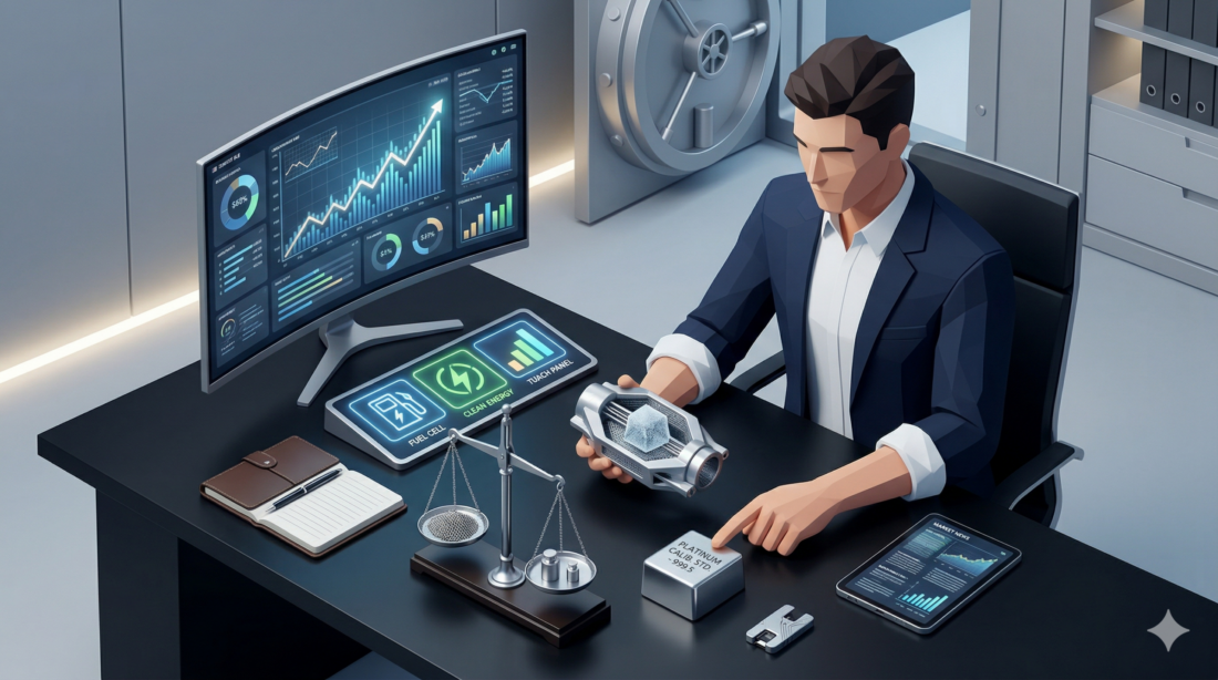 Börsenhandel mit digitalen Finanzdaten und Edelmetall-Analysen am Computer.