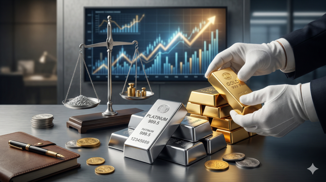 Platinbarren, Goldbarren und Finanzdiagramme für Investmentanalyse 2026.
