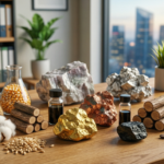 Verschiedene mineralische und organische Rohstoffe auf einem Tisch.