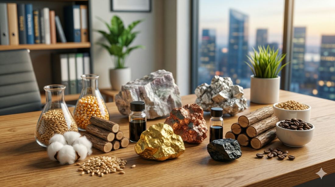 Verschiedene mineralische und organische Rohstoffe auf einem Tisch.