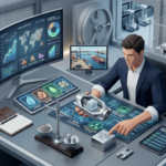 Rohstoff-Investment im digitalen Kontrollraum mit Daten und Goldbarren.