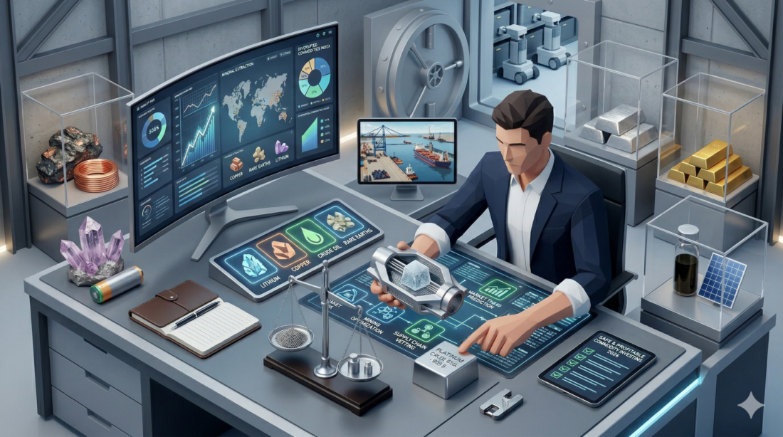 Rohstoff-Investment im digitalen Kontrollraum mit Daten und Goldbarren.