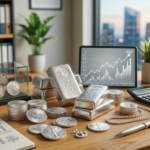 Silbermünzen und -barren auf einem Schreibtisch mit Laptop und Finanzdiagrammen.