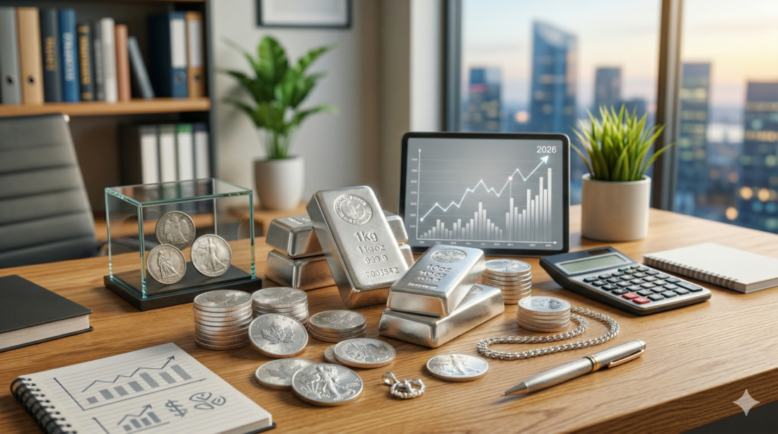 Silbermünzen und -barren auf einem Schreibtisch mit Laptop und Finanzdiagrammen.