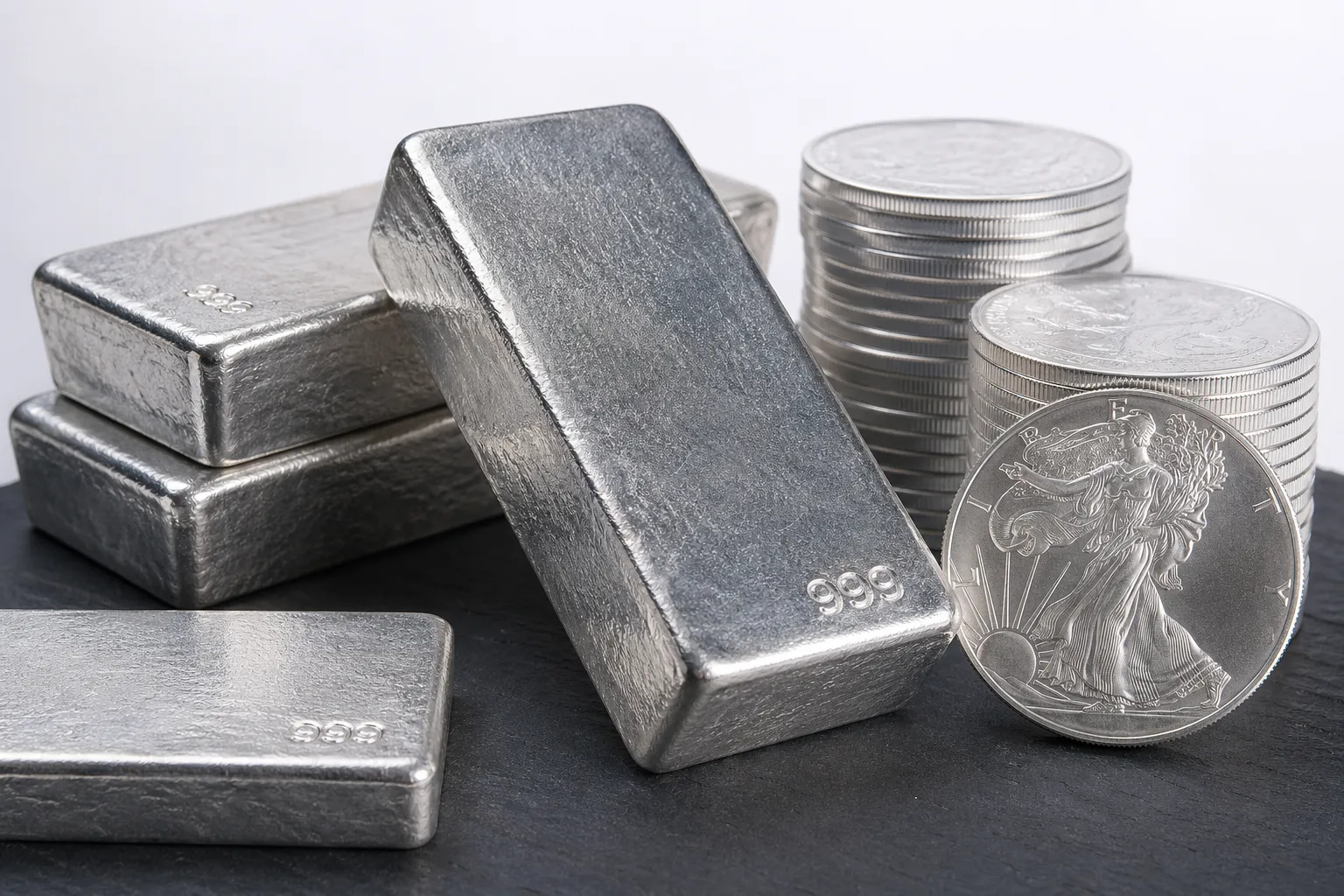 Silberbarren und Silbermünzen auf dunklem Untergrund – Definition von Silber als Edelmetall