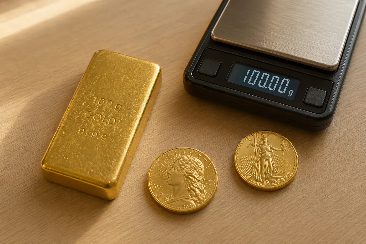 Goldbarren und Goldmünzen auf einem Holztisch mit digitaler Waage – Edelmetalle kaufen