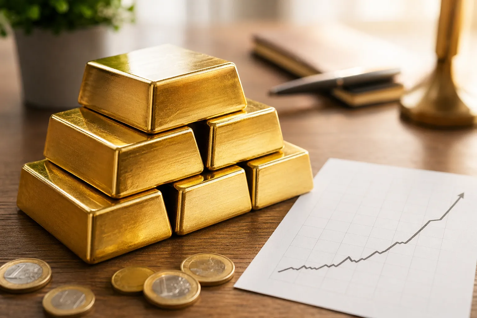 Goldbarren auf einem Schreibtisch neben einem Inflationsdiagramm – Gold als Inflationsschutz