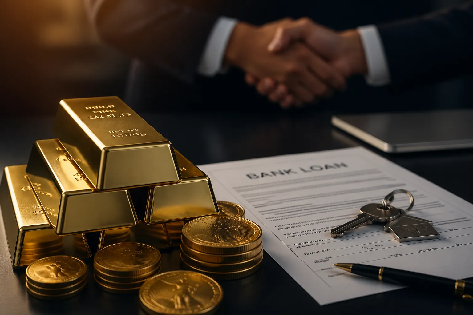 Goldbarren und Goldmünzen neben einem Kreditvertrag als Symbol für Gold als Sicherheit für einen Kredit