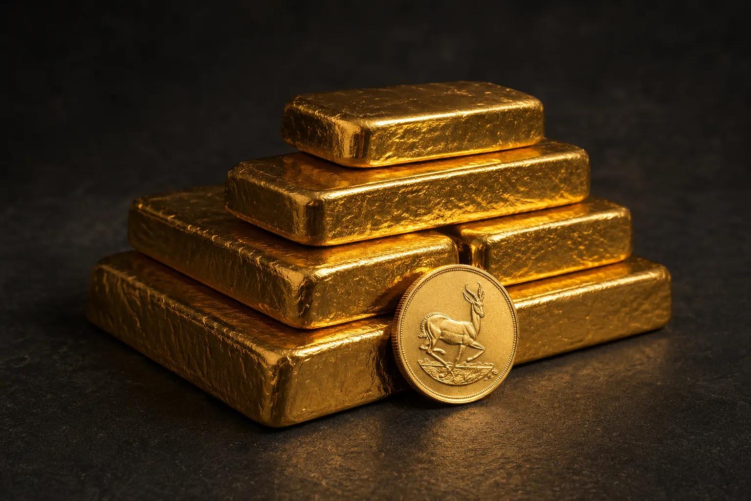 Gestapelte Goldbarren und eine Goldmünze auf dunklem Hintergrund – physisches Gold als Wertanlage