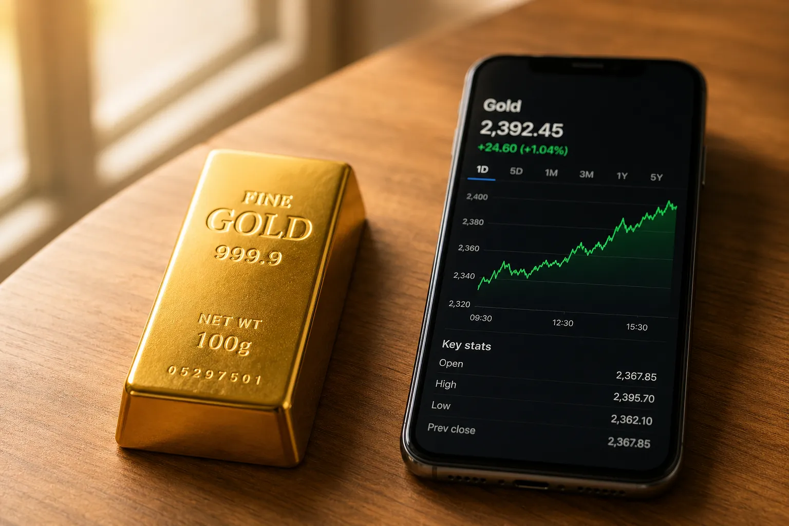 Goldbarren neben Smartphone mit Goldpreis-Chart – Vergleich physisches Gold vs. Gold-ETC