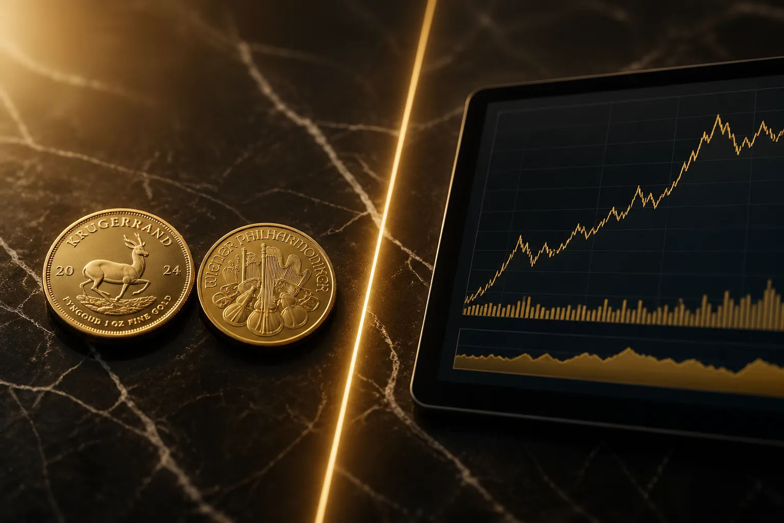 Gold-ETF vs. physisches Gold: Goldmünzen neben einem Bildschirm mit Kurschart im Vergleich