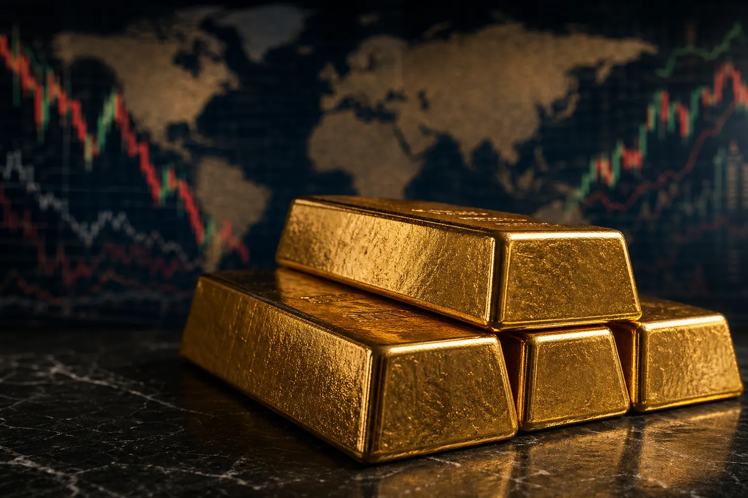 Goldbarren auf dunklem Untergrund als Symbol für Gold als Krisenabsicherung
