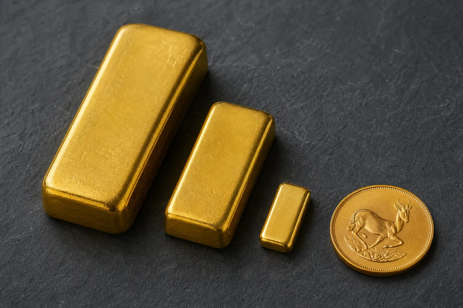 Goldbarren und Krügerrand-Münze auf dunklem Untergrund — physisches Gold kaufen 2026