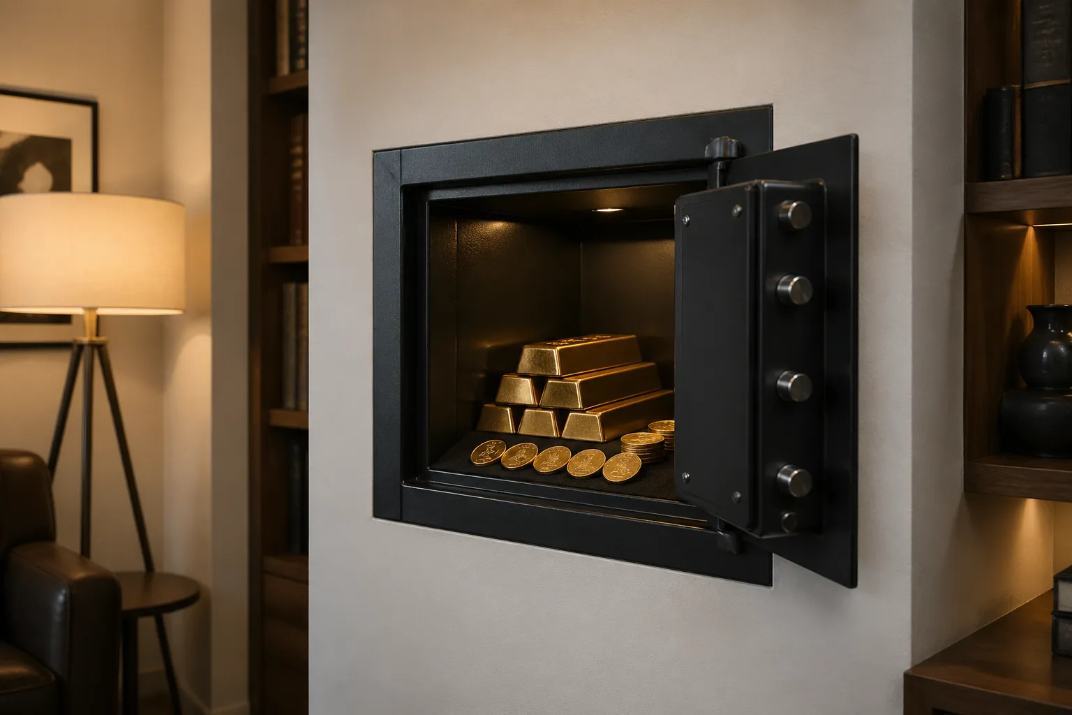 Offener Wandtresor mit Goldbarren und Goldmünzen in einem modernen Wohnraum — sichere Goldlagerung zuhause