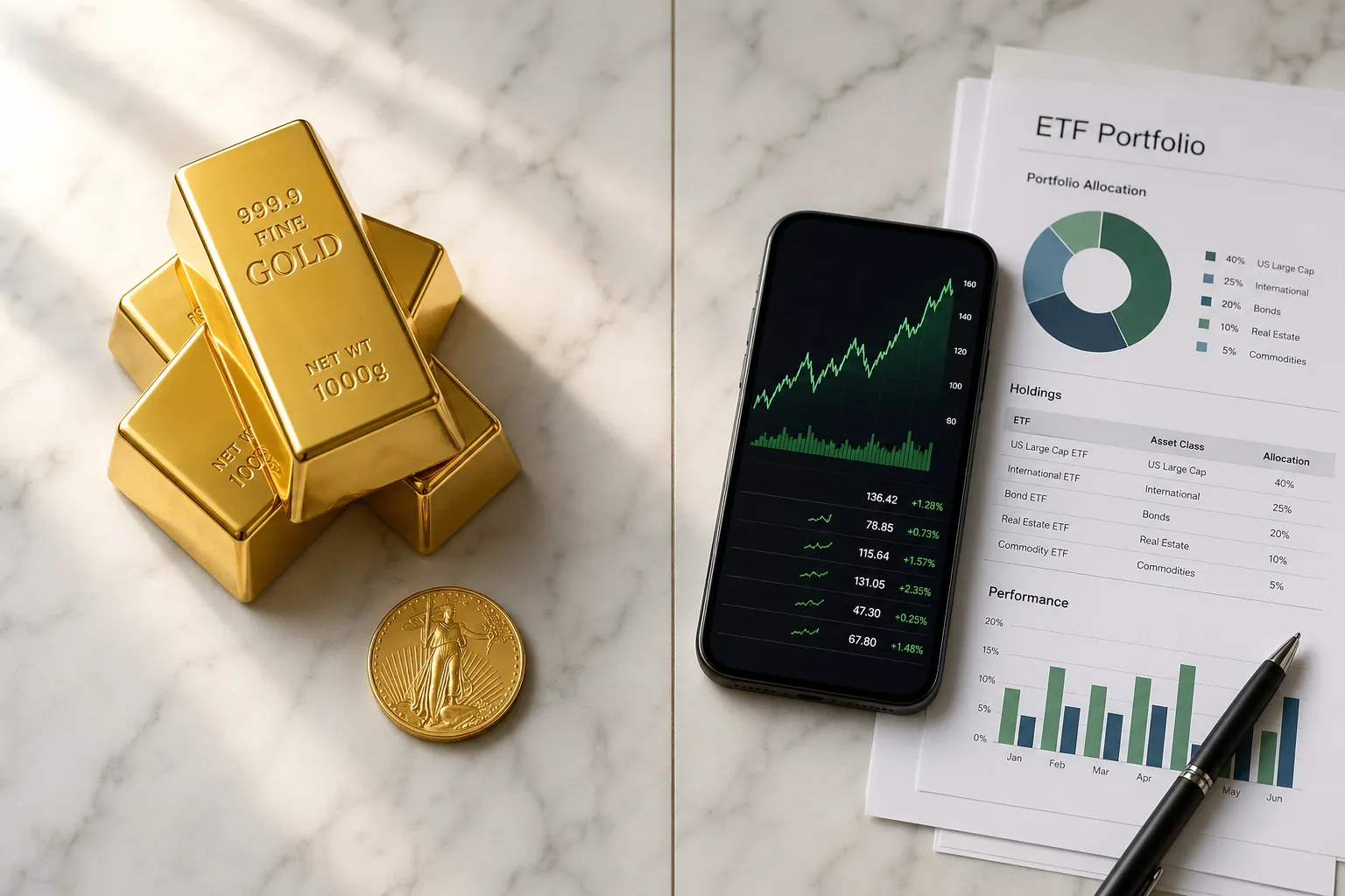 Gold Barren und Aktien ETF Dokumente im direkten Vergleich auf Marmor