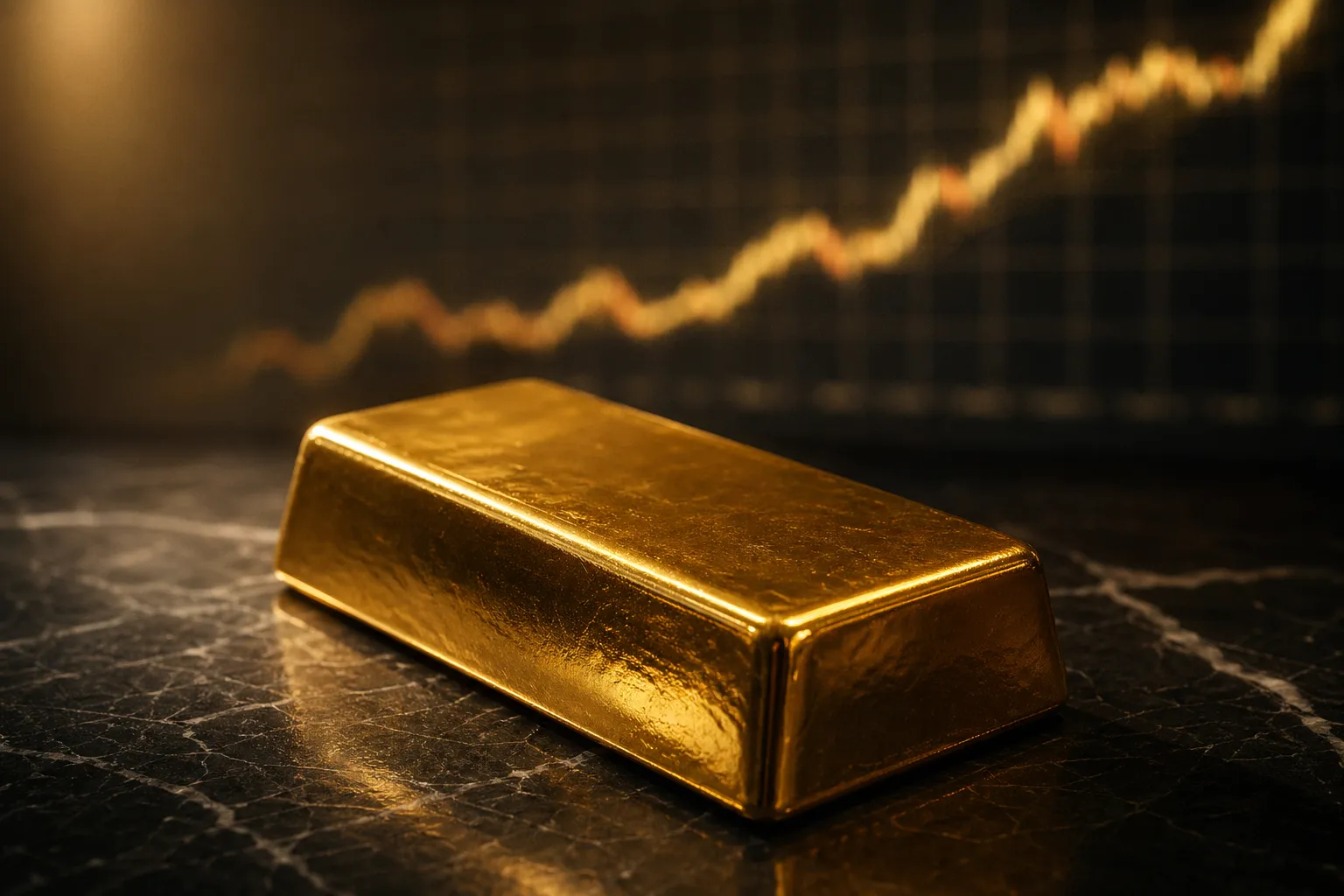 Goldbarren auf dunklem Marmor vor steigendem Goldpreis-Chart — historische Goldpreis-Entwicklung