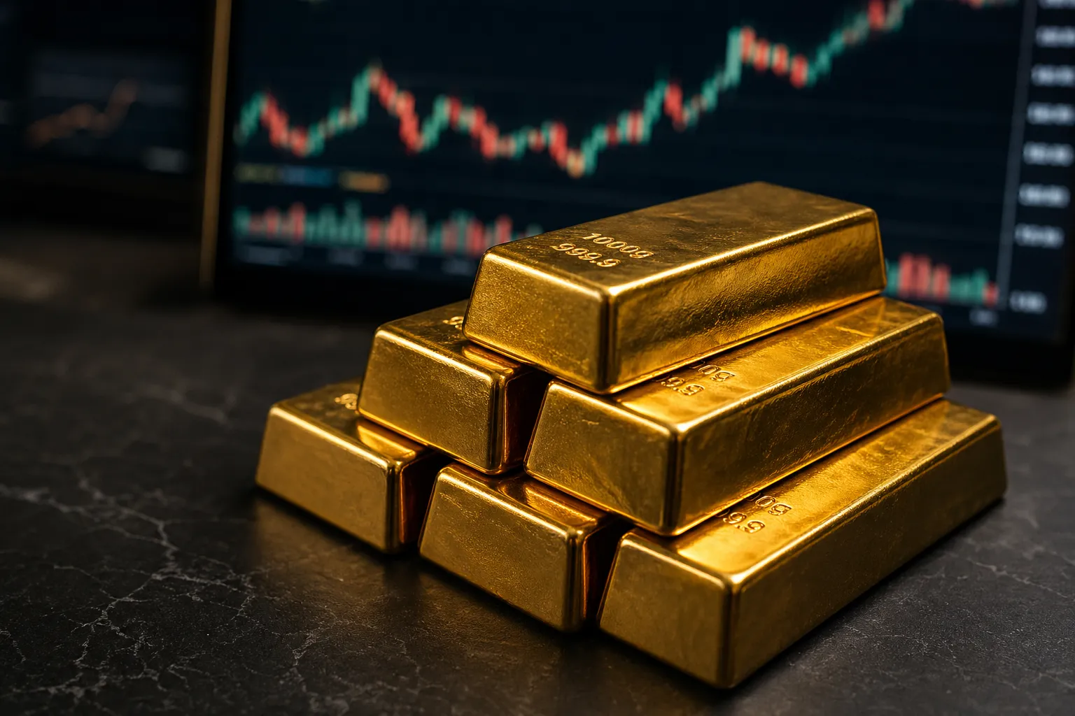 Goldbarren auf dunklem Untergrund vor Finanz-Chart – Goldpreis Prognose 2026