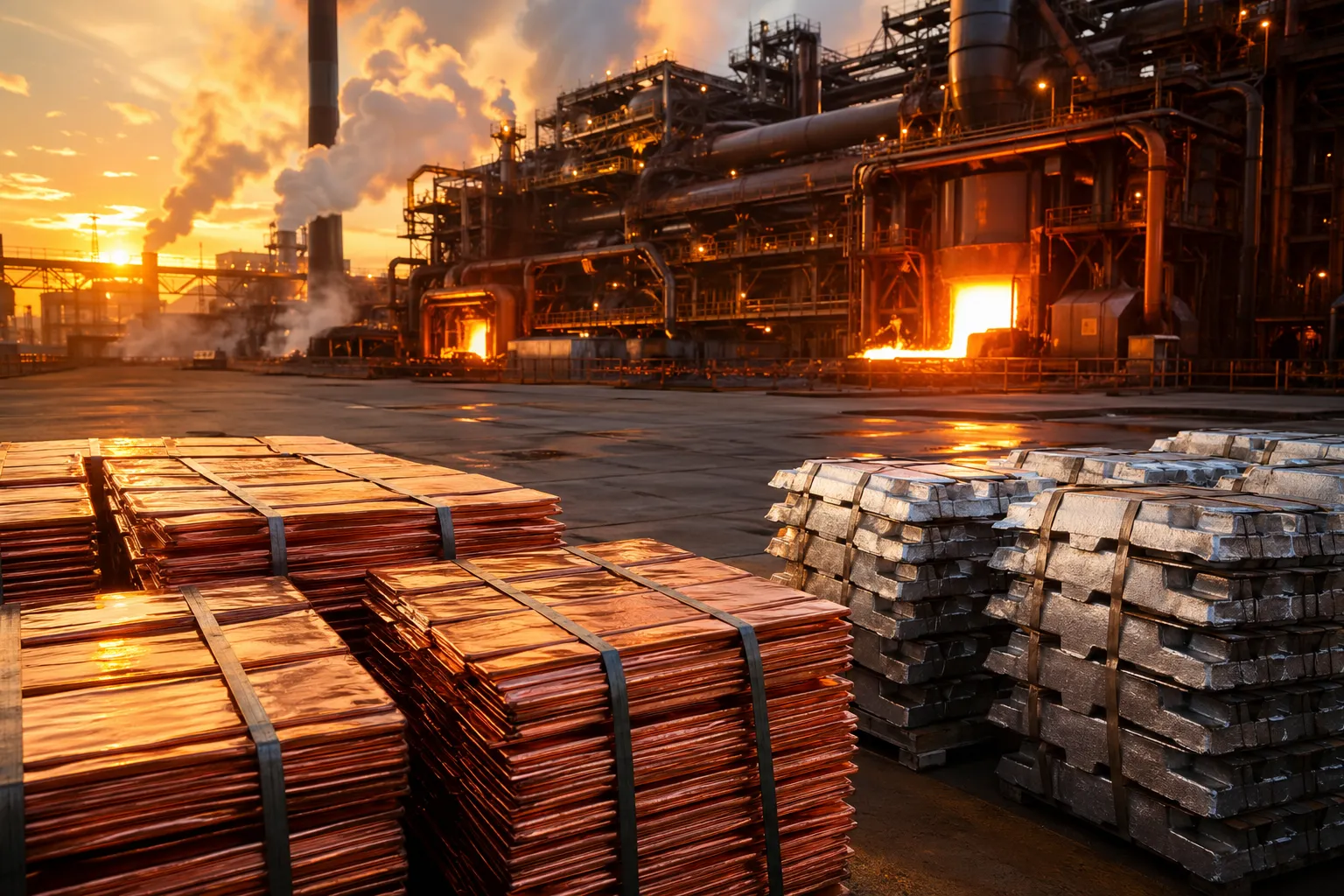 Kupferhütte mit gestapelten Kupferkathoden und Aluminium-Barren im Vordergrund – Industriemetalle als Anlage