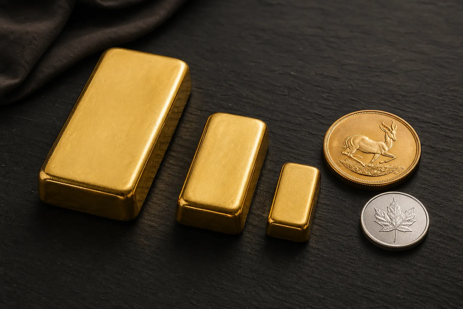 Goldbarren verschiedener Größen und Goldmünzen auf dunklem Untergrund als physische Edelmetallanlage