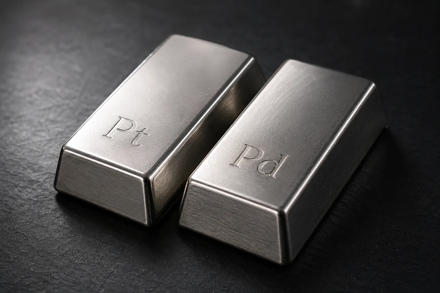 Platin- und Palladium-Anlagebarren nebeneinander auf dunklem Untergrund – Vergleich der beiden Edelmetalle