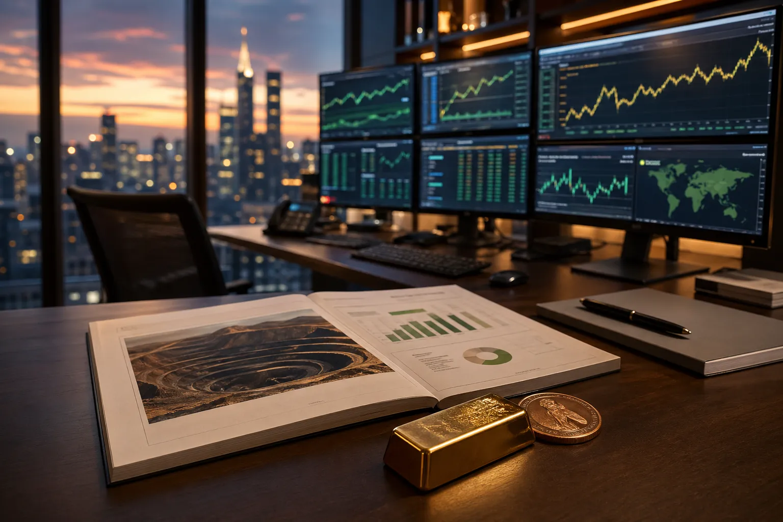 Trading-Desk mit Rohstoffaktien-Charts und einem Goldbarren als Symbol für Rohstoffinvestments
