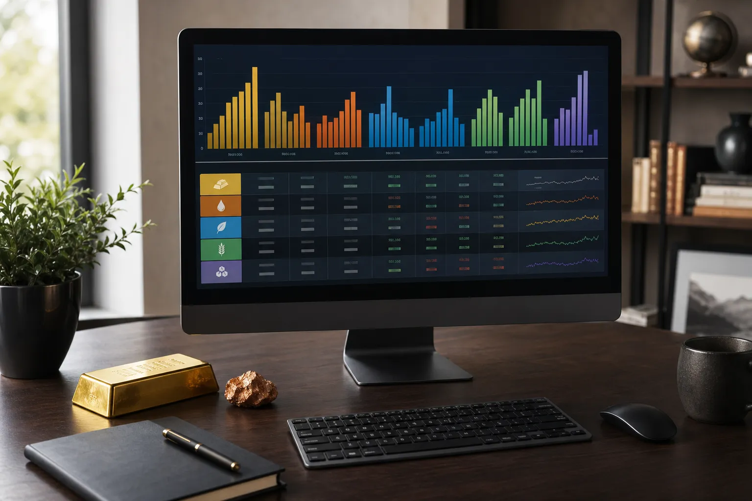 Monitor zeigt Rohstoff-ETF-Vergleichstabelle mit Gold, Energie und Agrar als Kategorien auf einem modernen Schreibtisch