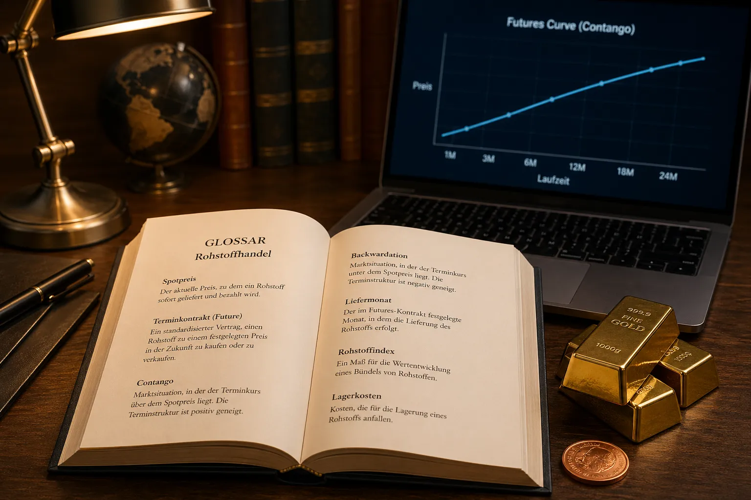 Rohstoff-Glossar aufgeschlagen auf einem Schreibtisch neben Goldbarren und Laptop mit Terminkurve