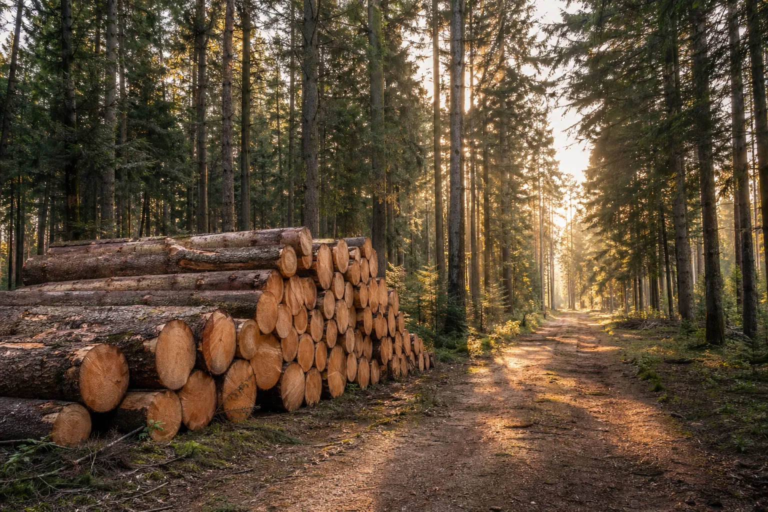 Nachhaltig bewirtschafteter Forst in Deutschland mit gestapelten Baumstämmen im Morgenlicht