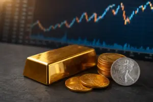 Goldbarren und Goldmünzen als physische Rohstoff-Geldanlage auf dunklem Untergrund