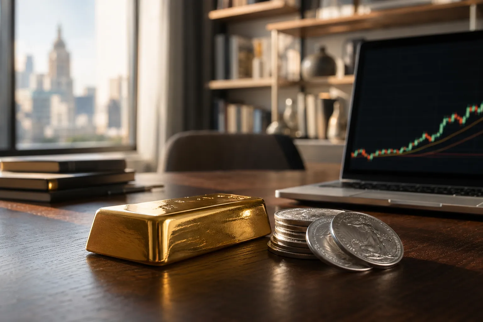 Goldbarren und Silbermünzen auf einem Schreibtisch als Symbol für Rohstoffe als Inflationsschutz