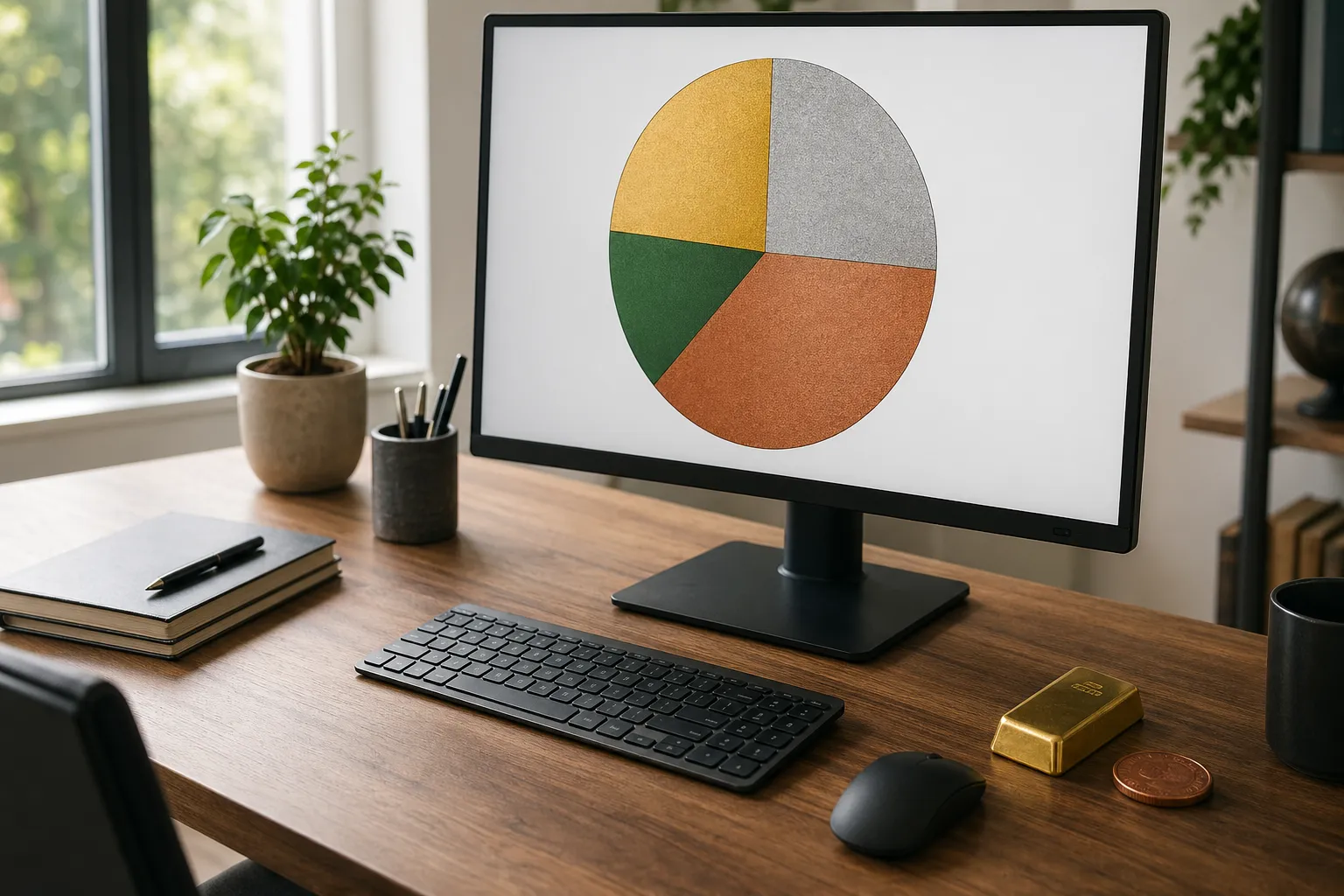 Portfolio-Aufteilung mit Rohstoffen auf einem Monitordisplay neben echten Edelmetallen auf einem Schreibtisch