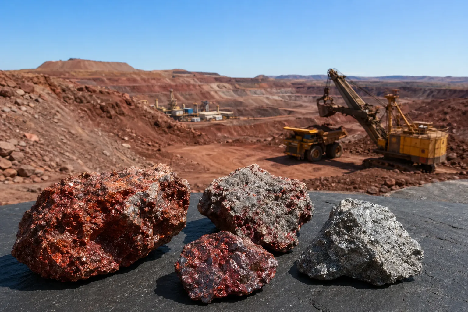 Seltene-Erden-Abbau im Tagebau mit mineralischen Gesteinsproben im Vordergrund