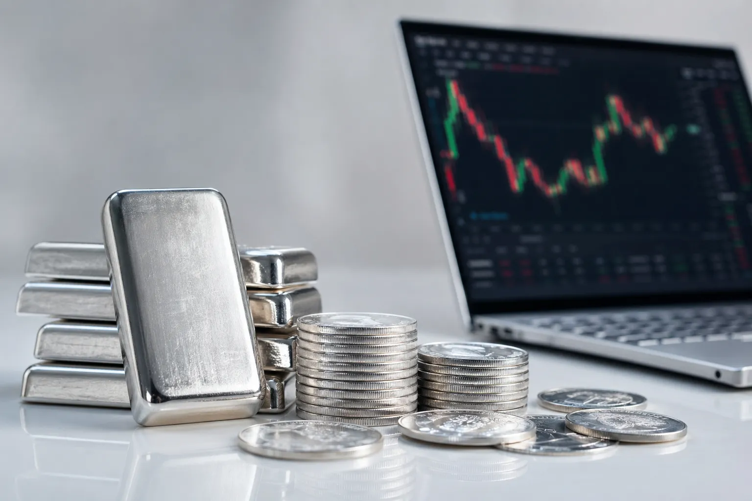 Silberbarren und Silbermünzen neben einem Laptop mit Börsen-Chart als Symbol für Silber-ETC Investment