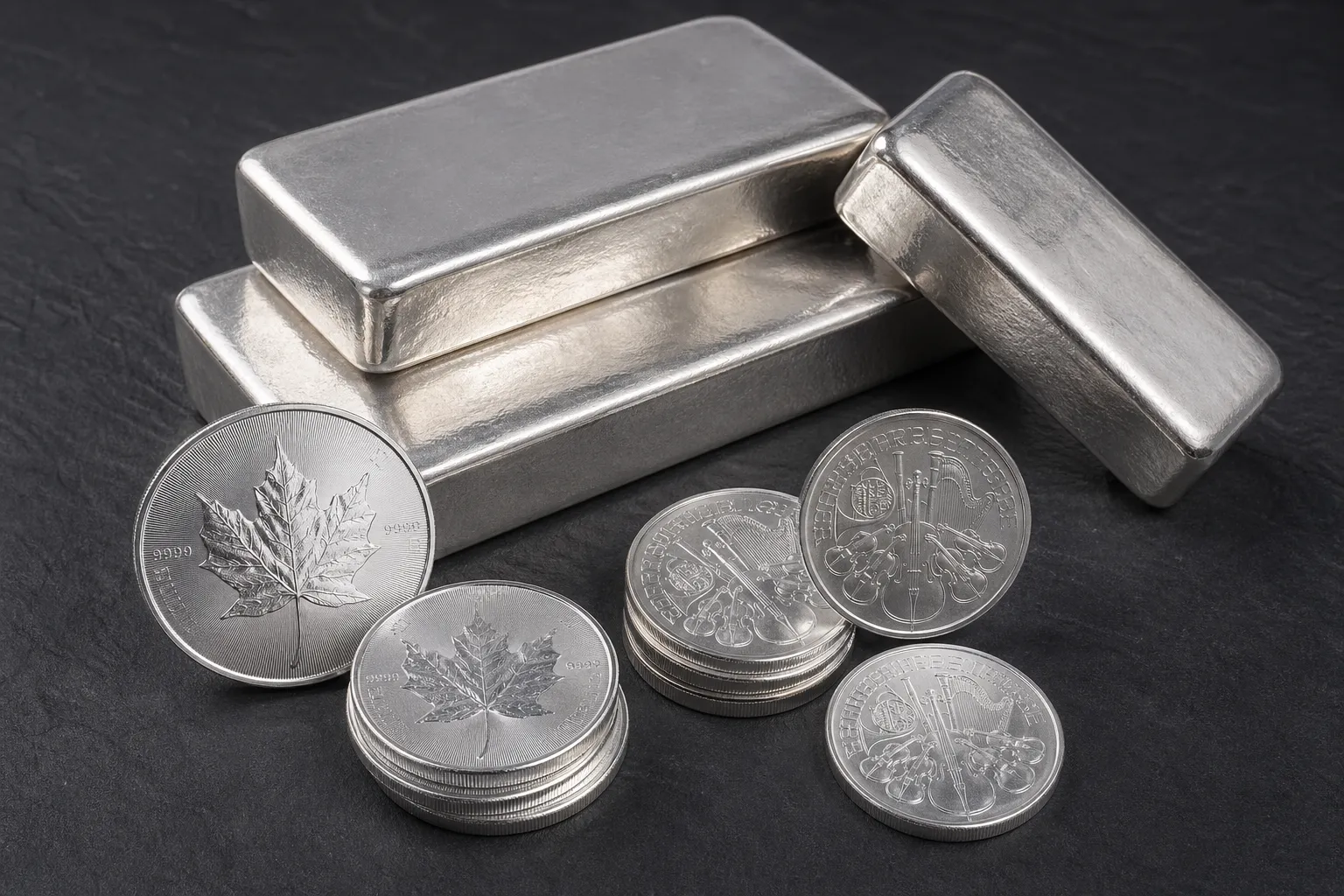 Silberbarren und Silbermünzen auf dunklem Untergrund – physisches Silber kaufen 2026