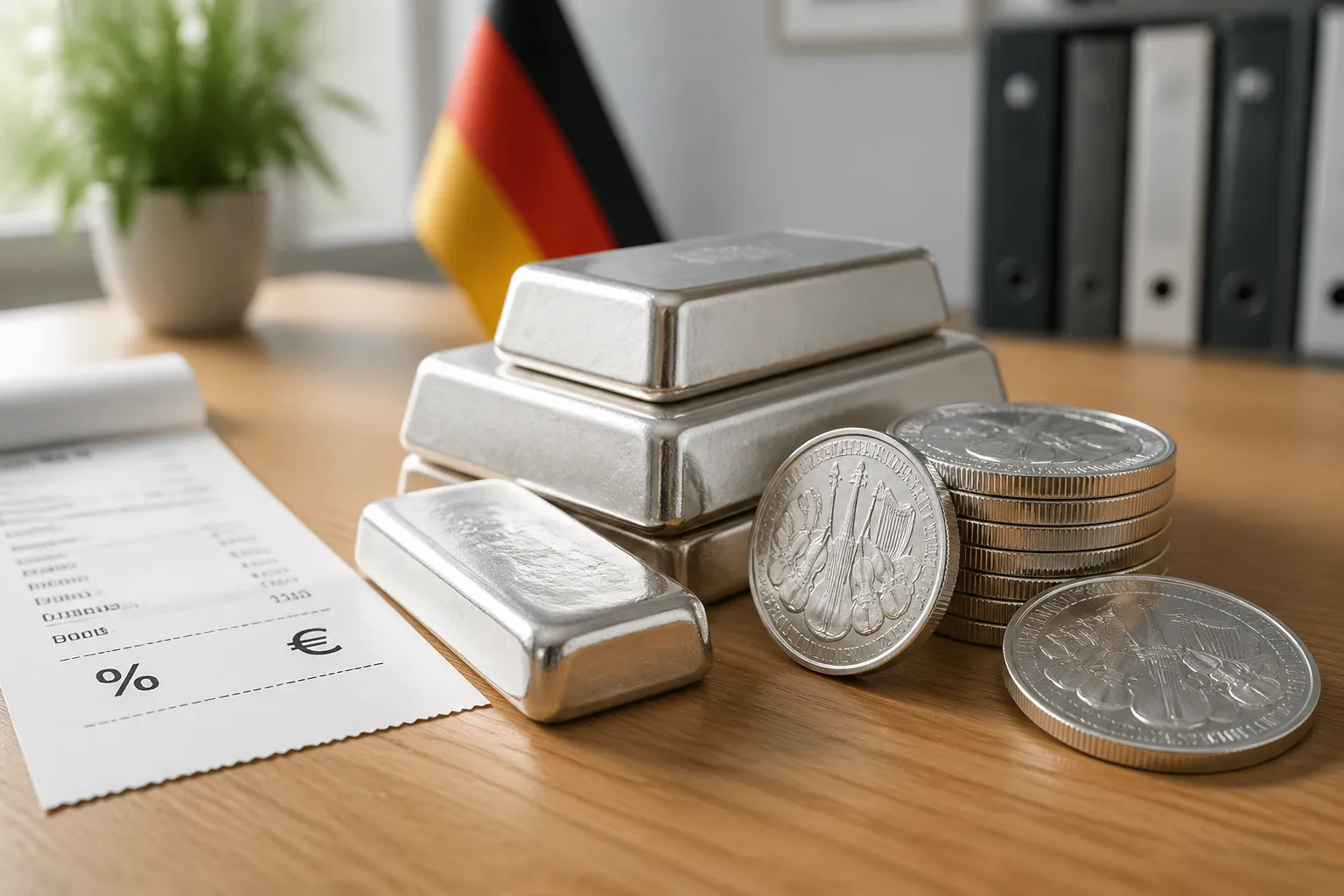 Silberbarren und Silbermünzen neben einer Rechnung mit Mehrwertsteuer-Symbol in Deutschland
