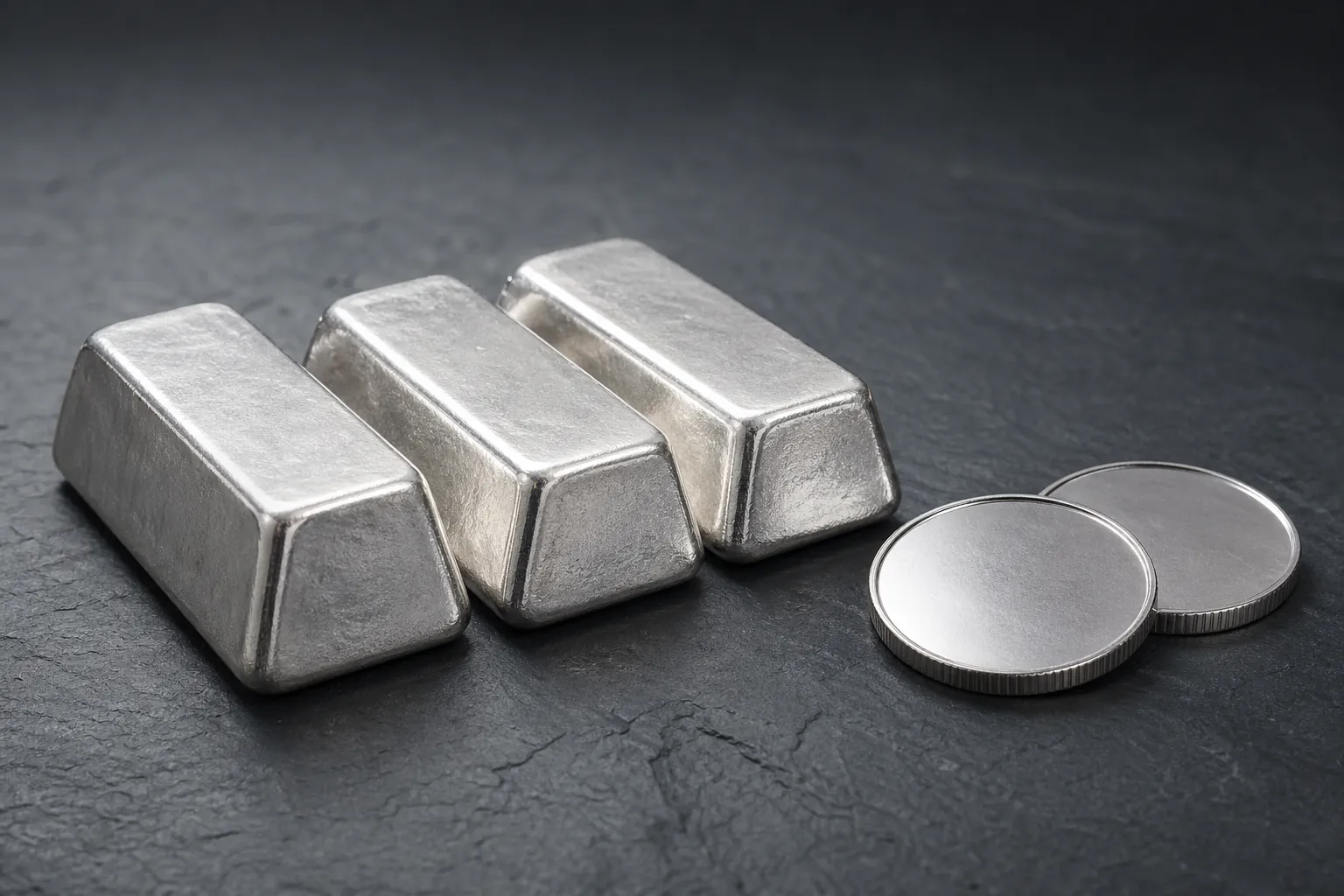 Silberbarren und Platinmünzen nebeneinander auf dunklem Untergrund – Vergleich zweier Edelmetalle