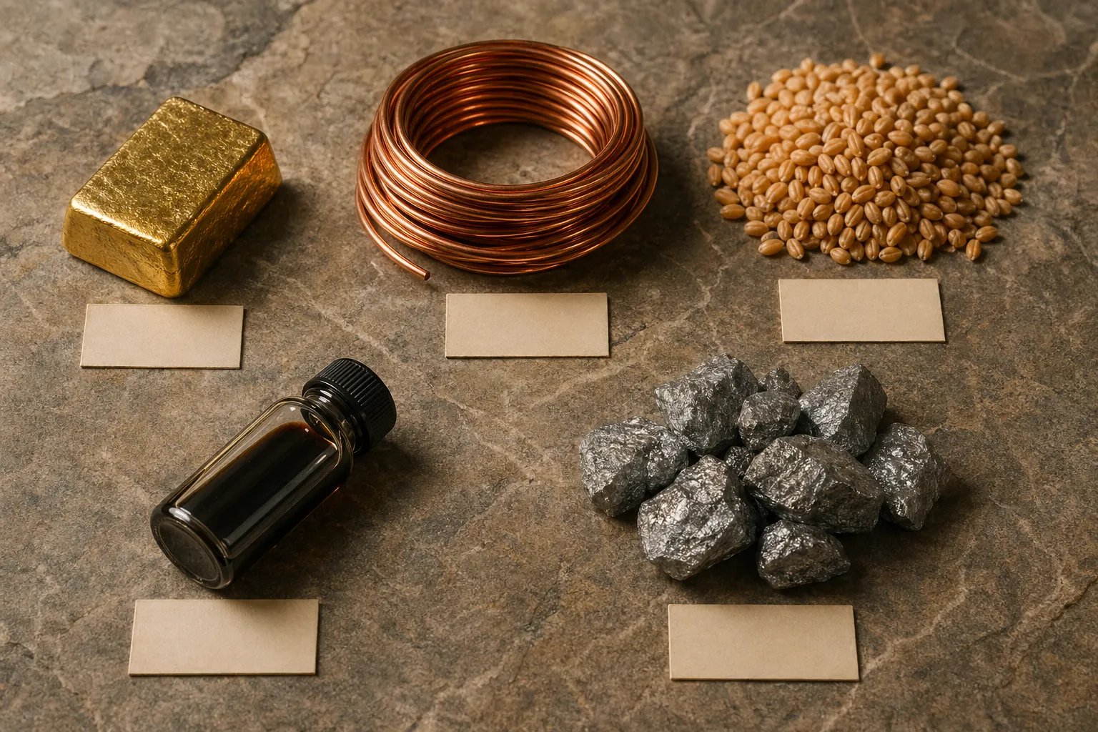 Verschiedene Rohstoffe im Überblick: Gold, Kupfer, Weizen, Rohöl und seltene Erden auf Steinuntergrund