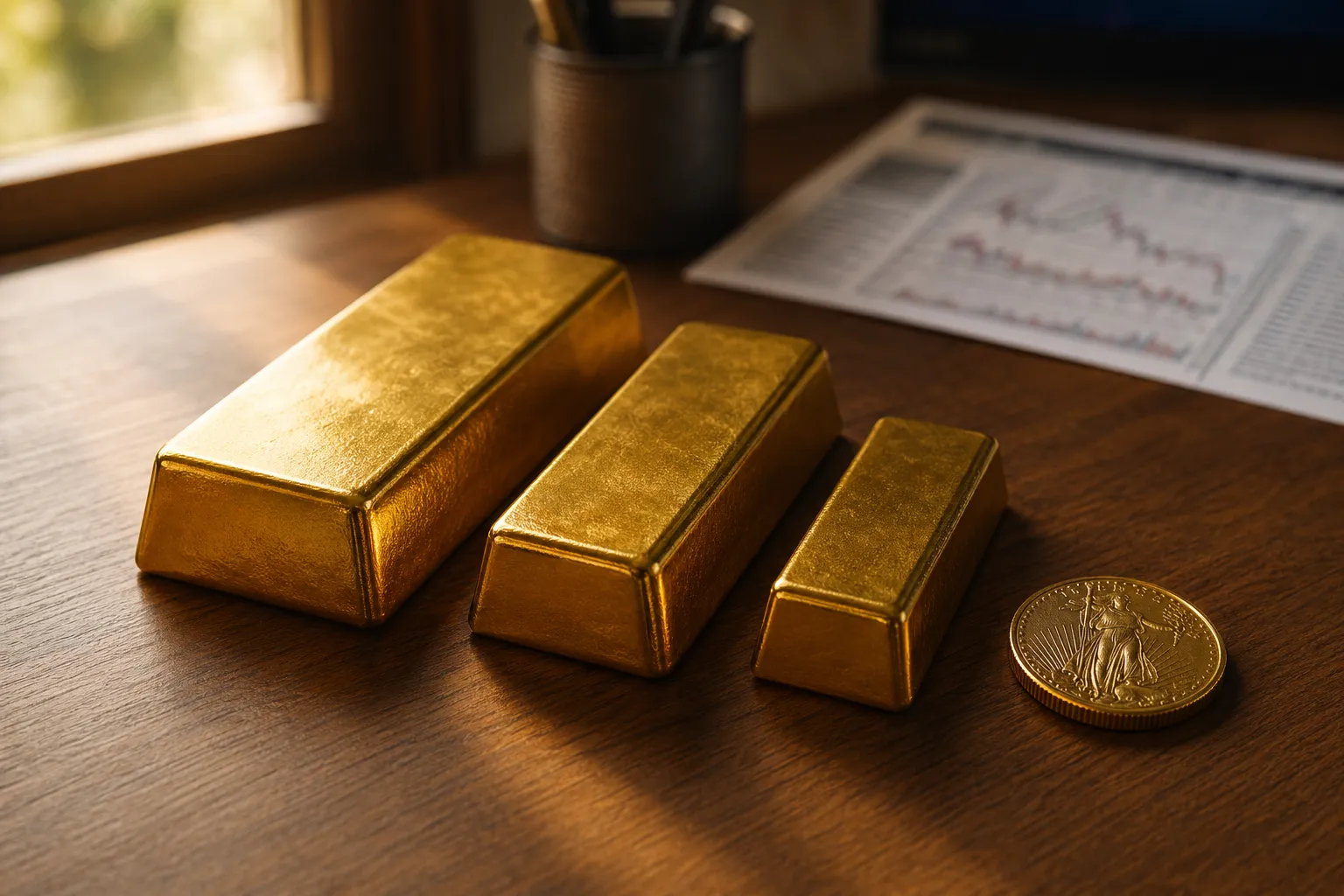 Goldbarren und Goldmünze auf einem Holztisch als Symbol für Gold als sichere Geldanlage