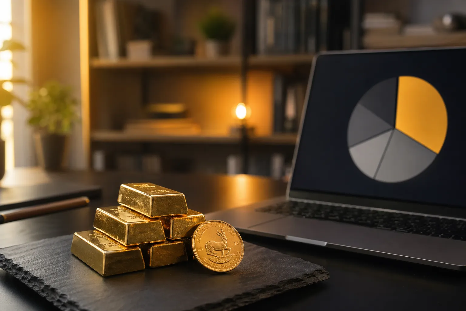 Goldbarren und Goldmünze neben Laptop mit Portfolio-Tortendiagramm auf Schreibtisch