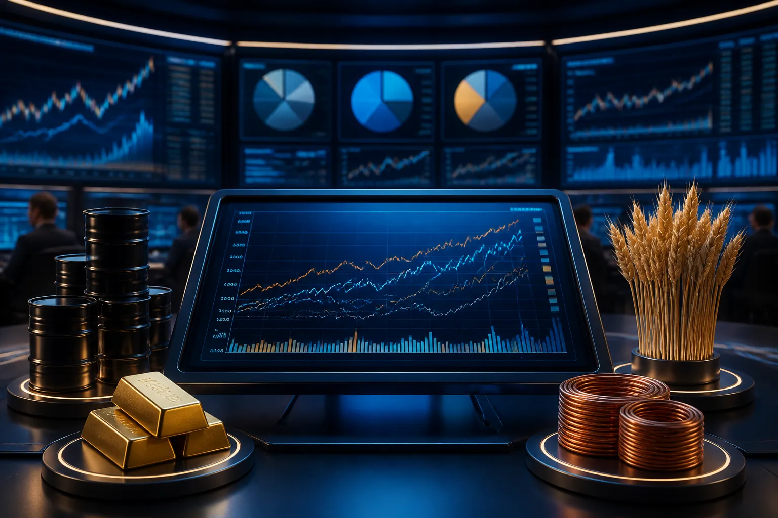 Rohstoffindex Bloomberg Commodity BCOM – Sektorübersicht mit Energie, Metallen und Agrarrohstoffen auf digitalem Finanzmonitor