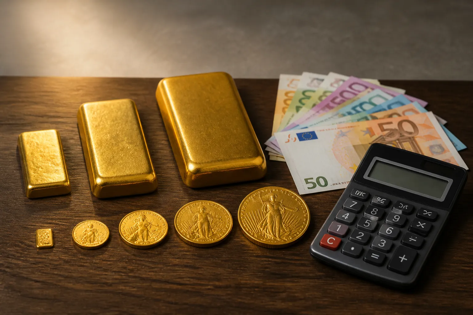 Verschiedene Goldbarren und Goldmünzen unterschiedlicher Größe neben Euro-Scheinen auf Holztisch – symbolisiert die Frage ab welchem Betrag sich Gold kaufen lohnt
