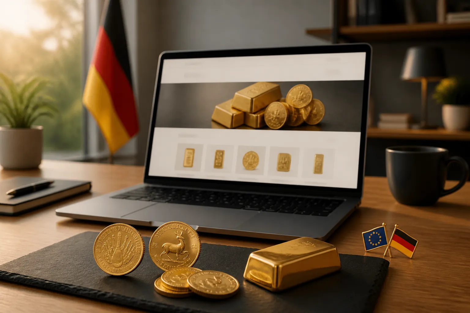 Gold online kaufen – Goldmünzen und Goldbarren neben einem Laptop mit seriösem Händler-Shop