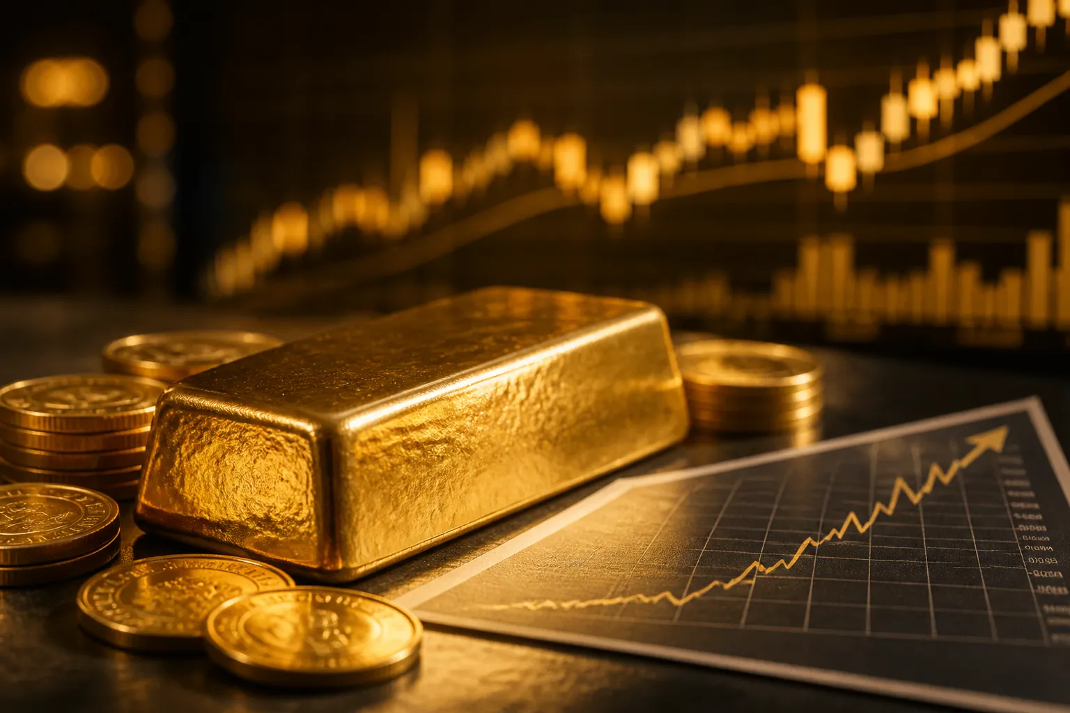 Goldbarren und Goldmünzen vor einem Kursdiagramm – Gold Preis Prognose 2026