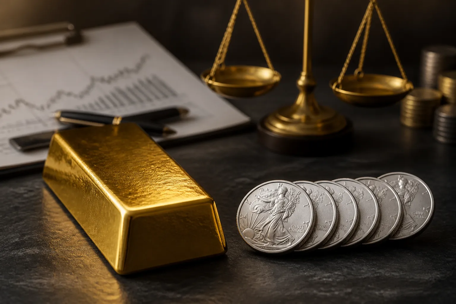 Eine Goldbarren und mehrere Silbermünzen nebeneinander auf einem dunklen Untergrund als visuelle Darstellung des Gold-Silber-Ratios