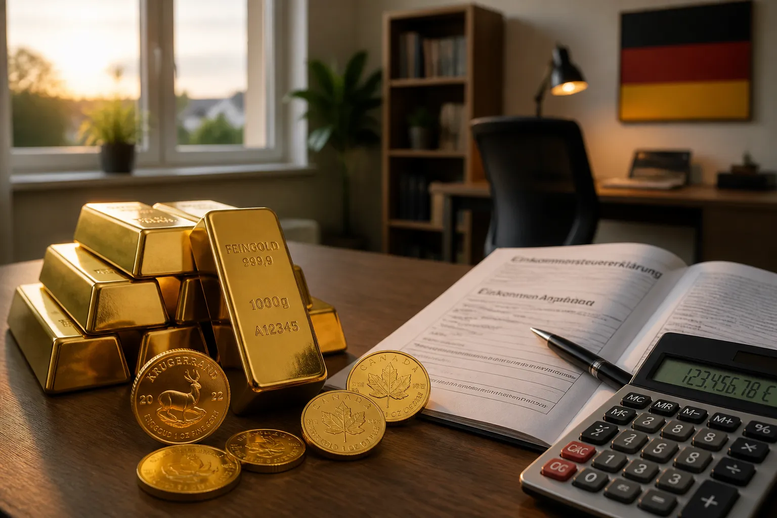 Goldbarren und Goldmünzen auf einem Schreibtisch neben einem deutschen Steuerdokument und Taschenrechner