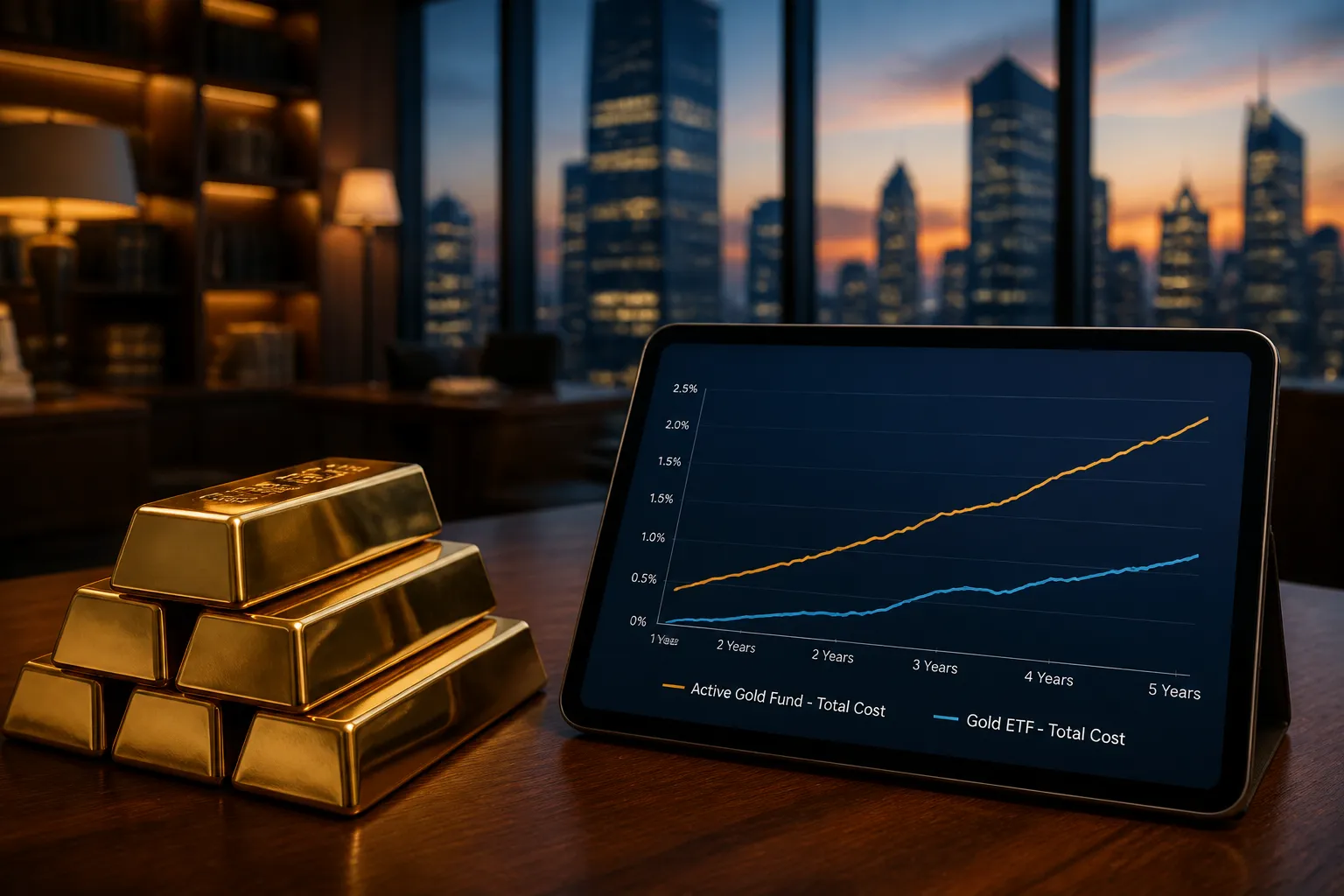 Goldbarren neben einem Tablet mit Fondsvergleich – aktiv gemanagter Goldfonds vs. Gold-ETF im Kostenvergleich